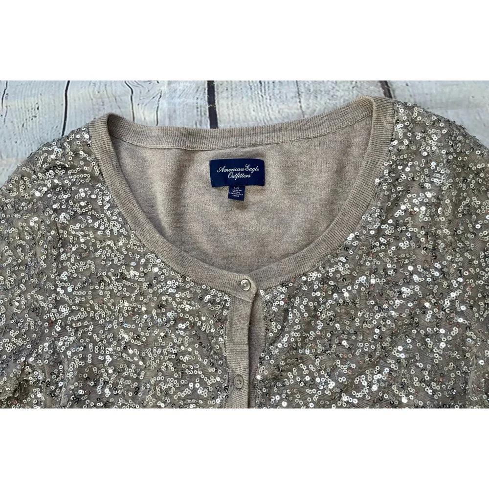 American Eagle Taupe Silver Sequin Cardigan Sweater
